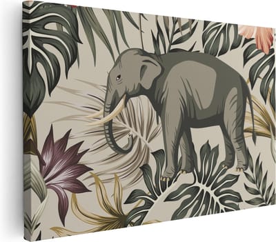 Artaza Canvas Schilderij Olifant Botanisch - 30x20 cm - Klein - Muurdecoratie Dieren - Wanddecoratie Jungle - Kamer Accessoires