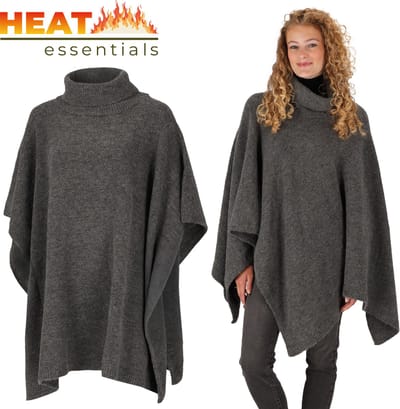 Heat Essentials - Poncho - Poncho Dames Omslagdoek - Antraciet Grijs - Gebreide Dames Poncho met Col