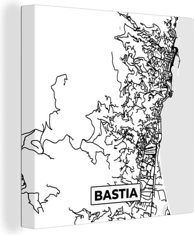 Canvas Schilderij Frankrijk – Kaart – Plattegrond – Stadskaart - Bastia - Zwart wit - 20x20 cm - Wanddecoratie