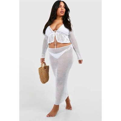 boohoo Dames Plus Lange Mouwen Tie-Top en Rok Strandcoord | Wit | Maat: 48