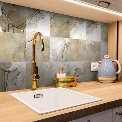 Dailygoods- Vloersticker 12 Stuks - 20cm x 20cm - Antislip PVC Sticker - Bruin/Goud Marmer Effect - Zelfklevend - Geschikt voor Keuken/Badkamer - Muursticker