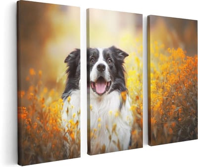 Artaza Canvas Schilderij Drieluik Blije Hond Tussen De Bloemen - 120x80 - Foto Op Canvas - Canvas Print