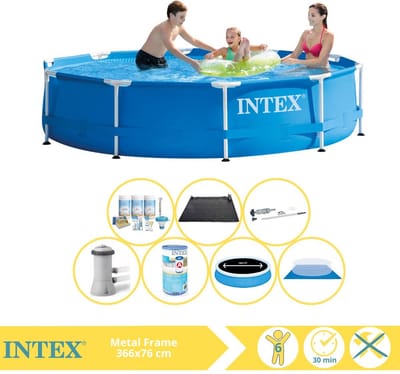 Intex Rond Frame Zwembad - 366 x 76 cm - Blauw - Inclusief Pomp - Solarzeil - Onderhoudspakket - Filter - Grondzeil - Stofzuiger - Solar Mat - 8-delig