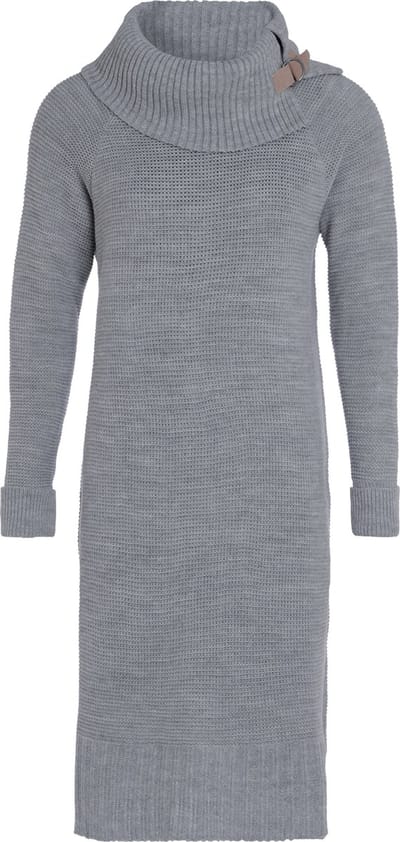 Knit Factory Jamie Gebreide Dames Jurk - Trui jurk dames - Wollen jurk - Herfst- & winterjurk - Wijde jurk - Met warme opstaande kraag - Licht Grijs - 36/38 - Knielengte