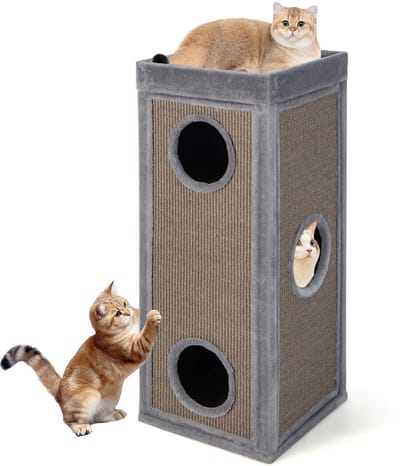 COSTWAY Kattenton, 4 verdiepingen, krabpaal met krabplank, 3 kattenholtes en kussens, speelton voor katten tot 25 kg, kattenkrabpaal met holletjes, 40 x 40 x 99 cm, grijs