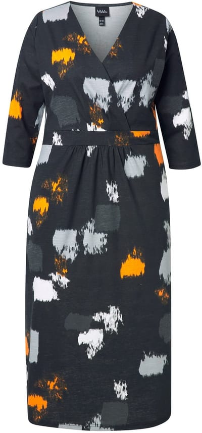 Ulla Popken - Dames - Maxi-jurk grafische print V-hals 3/4-mouw - Zwart - Maat 46+