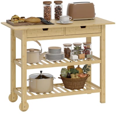 Golaro Keukenwagen van Bamboe - Houten Serveerwagen - Opbergwagen op wielen - Met twee Lades en twee Planken - 100x43x75 cm