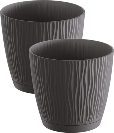 Prosperplast Plantenpot/bloempot Waves - 2x stuks - kunststof - antraciet - D28 x H26 cm - binnen/buiten - met opvangschaal