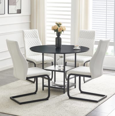 Set Tafel En Stoelen - Ronde Eettafel Met Dubbele Opberglagen En 4 Eetkamerstoelen - Voor Eetkamer En Keuken - Hout Metaal - Zwart Wit