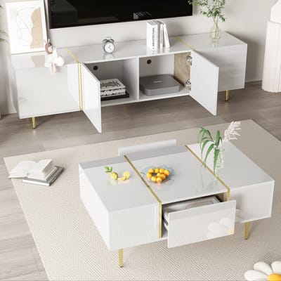 STILVORA Tv Meubel En Salontafel Set - Hoogglans Met Opbergruimte En Soft Close - Voor Woonkamer - MDF Wit - 170x35x46; 100x60x41,5