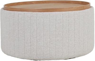 DÉJA Living Salontafel Angela Beige/Naturel – Rond – Met Opbergruimte – Chenille en Essenfineer – 81x81x42 cm