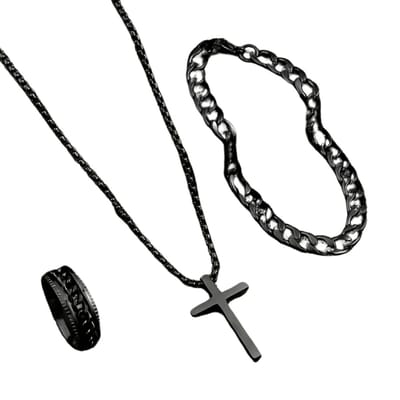 Bovista Ketting - Heren - Staal - Nep zilver - Met Hanger - 3 Stuks - Zwart