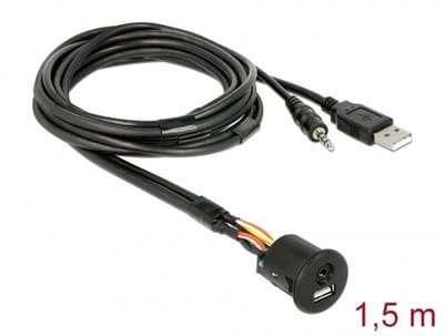 Delock Cable USB Type-A male + 3.5 mm 4 pin stereo jack male > female bulkhead USB Type-A female + 3.5 mm 4 pin female (audio) 1.5 m black