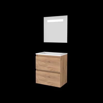Basic-Line Economic 39 Badkamermeubelset - Ondiep - 60 x 39 cm - Greeploos - 2 Lades - Keramische Wastafel - 1 Kraangat - Spiegel met LED Verlichting - Whisky Oak