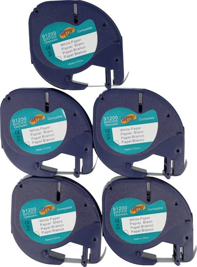Dappaz - 5 stuks Dymo Compatible LetraTag 91200 Label tape Zwart op Wit Papier 12 mm x 4 m - Geschikt voor LetraTag Labelprinter - S0721510