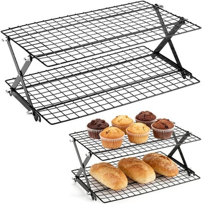 Opvouwbaar 2-laags Koelrek van Duurzaam Metaal 43.5×25 cm voor Bakken, Roosteren en Grillen, Ruimtebesparende Keukenaccessoires voor Taarten, Koekjes en Vlees