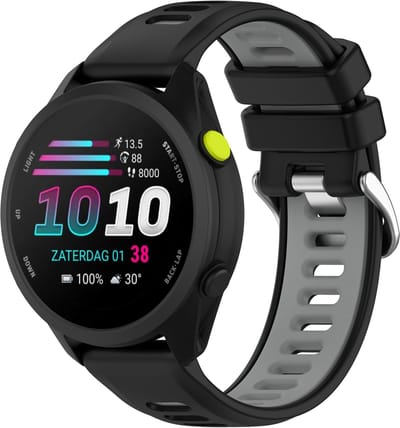 Stravo 22mm Quick Release Siliconen Sport Bandje – Geschikt voor Garmin Forerunner 255 / 265 / 935 / 945, Vivoactive 4, Venu 2 / 3 / 4 45mm, Samsung Galaxy Watch 3 45mm / Galaxy Watch 46mm en Huawei Watch GT 46mm – Tweekleurig Bandje – Zwart / Grijs