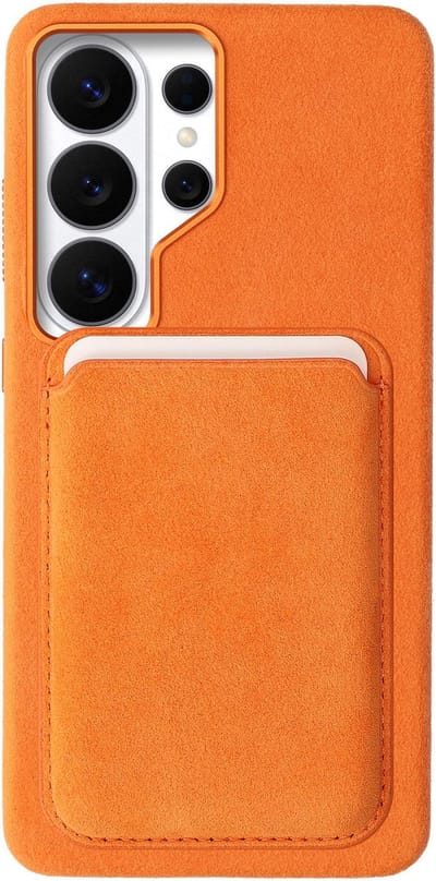 Rosso Avanti Hoesje Geschikt voor Samsung Galaxy S26 Ultra met Magnetische Kaarthouder | Compatibel met MagSafe / Qi2 | Echt Italiaans Alcantara | Back Cover en Wallet | Oranje