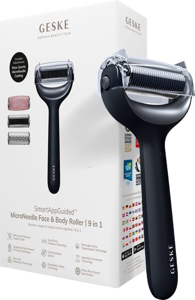 GESKE | SmartAppGuided™ MicroNeedle Face & Body Roller | 9 in 1 | rozenkwarts | Elektrische dermaroller | Microneedling | Microneedling-apparaat | Roller | Schoonheidsroller voor gezicht en lichaam
