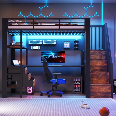 VVBV Ruimtebesparende Hoogslaper 90x200 cm met LED-Verlichting, Bureau - Planken, Lades - Metaal Zwart - Zonder Matras