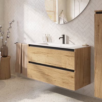 Saqu Gaia badmeubel incl. glans witte keramische wastafel 100x46x61cm eiken marcato – zwarte greeplijst