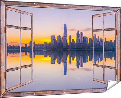 Gards Tuinposter Doorkijk New York Skyline bij Zonsopgang - 180x120 cm - Tuindoek - Tuindecoratie - Wanddecoratie buiten - Tuinschilderij
