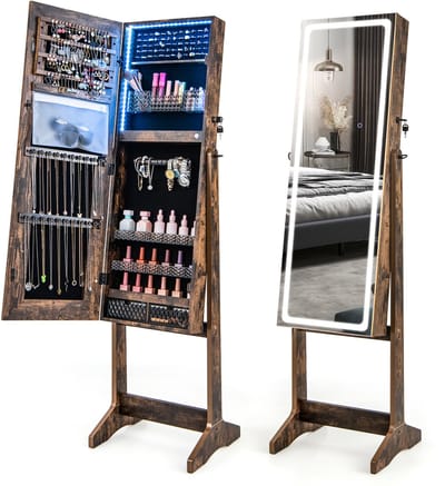 COSTWAY Sieradenkast met spiegel, spiegelkast met 3-kleurige ledverlichting, afsluitbaar, vrijstaand, kantelbaar, sieradenrek met laden, 41 x 38,5 x 151 cm