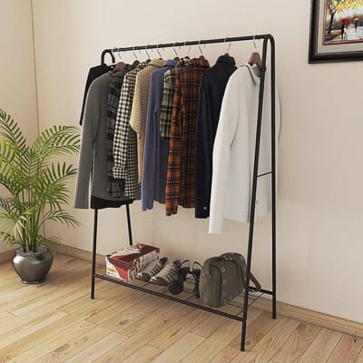 Design Kledingrek - Metaal - 150x40x104 CM - Zwart - Opbergruimte Voor Schoenen - Garderoberek Met Haken - Opbergrek