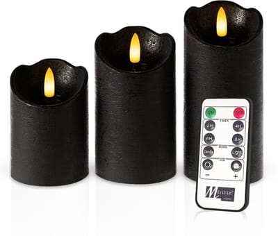 Meisterhome – 3 x Led Stompkaars Rustiek - Zwart – Stompkaars Echte wax – Led kaarsen - 10 / 12.5 / 15 cm Hoog - Met afstandsbediening – Timer 2/4/6/8 uur - Dimbaar