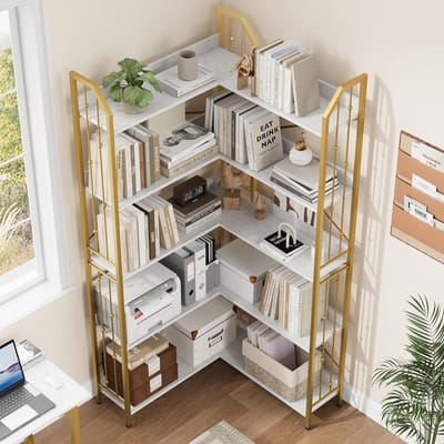 Grote L-vormige hoekboekenkast – Industriële hoge boekenrek met 5 lagen – Opberg- en tentoonstellingsmebel hout & metaal parelontwerp voor woonkamer- slaapkamer- kantoor – 183 cm – 5 niveaus – Goud met reliëf