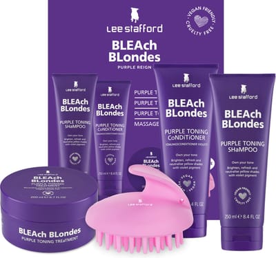 Lee Stafford Bleach Blondes Purple Toning Set - Zilvershampoo, Conditioner & Haarmasker - Voor Gekleurd Haar - met Massageborstel - Haarverzorging