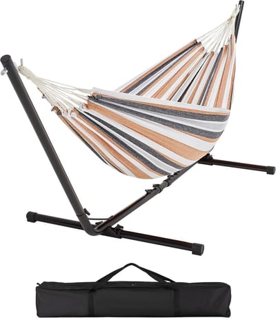 Hangmat met frame - Draagbare hangmat - Ontspanning buiten - Verstelbare standaard - 330 x 101 cm - Desert Stripe