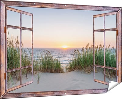 Gards Tuinposter Doorkijk Zee vanuit Duinen met Zonsondergang - 180x120 cm - Tuindoek - Tuindecoratie - Wanddecoratie buiten - Tuinschilderij