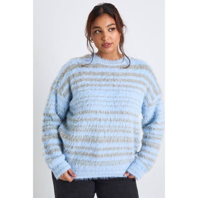 boohoo Dames Plus Fluffy Gebreide Oversized Gestreepte Trui | Blue | Maat: 20-22