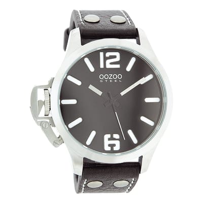 OOZOO Timepieces - Zilverkleurige horloge met zwarte leren band - OS056