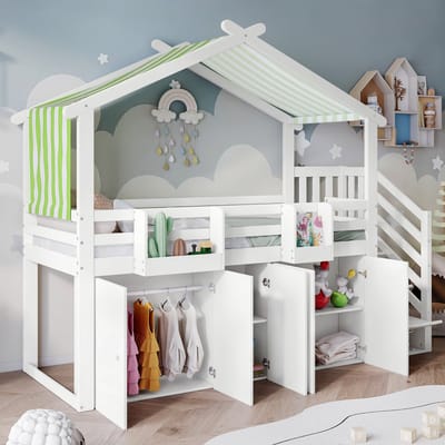 OKWISH Stapelbedden Voor Kinderen - 90x200 - Met Opbergruimte En Treppe - Hout - Wit