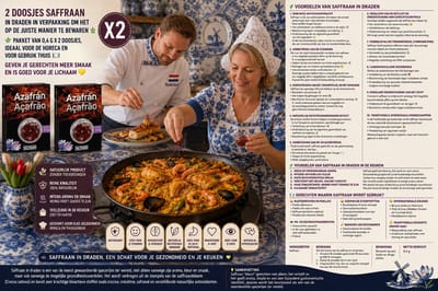 2 DOOSJES SAFFRAAN IN DRADEN IN VERPAKKING OM HET OP DE JUISTE MANIER TE BEWAREN PAKKET VAN 0,4 G X 2 DOOSJES, IDEAAL VOOR DE HORECA EN VOOR GEBRUIK THUIS  GEVEN JE GERECHTEN MEER SMAAK EN IS GOED VOOR JE LICHAAM