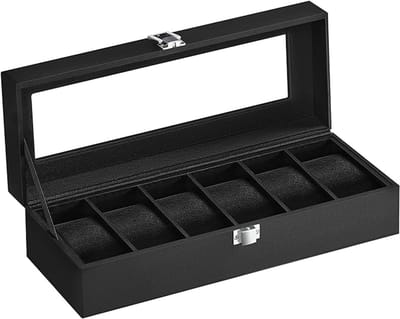 Famanu - Horlogedoos met 6 vakken, horlogedoos, glazen deksel, afneembare pads, metalen slot, zwarte coating en zwarte voering
