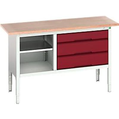 Werkbank Bott verso, multiplexplaat, 3 laden & 1 legbord, B 1500 x D 600 x H 830 - 930 mm, RAL 7035 lichtgrijs / paarsrood