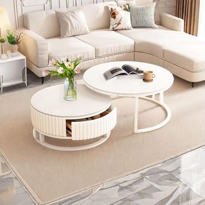 Set van 2 Ronde Nesting Salontafels – Moderne Bijzettafels met Stille Schuifladen en Metalen Poten
