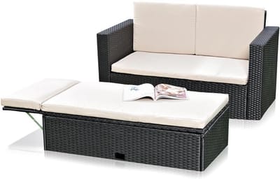 Lounge bank set - Tuinset poly rotan - Buiten ontspannen - Inklapbare voetenbank - 123 x 65 x 72 cm