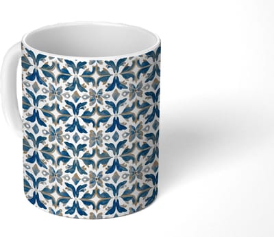 Mok - Koffiemok - Tegel - Patroon - Blauw - Beige - Mokken - 350 ML - Beker - Koffiemokken - Theemok