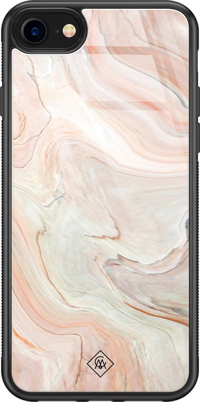 Casimoda® hoesje - Geschikt voor iPhone SE (2020) - Marmer Waves - Luxe Hard Case Zwart - Backcover telefoonhoesje - Bruin/beige