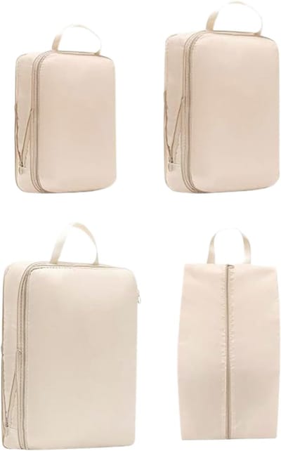 Kofferpak Organizers - Reis Tassen - Ruimte Besparen - Compressie Functie - 4 Delige Set - Beige