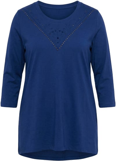 Angel of Style - Dames - T-shirt langere A-lijn opengewerkt borduursel - Donkerblauw - Maat 48