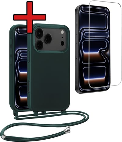 Hoesje Geschikt voor iPhone 17 Pro / 18 Pro Hoesje Siliconen Case Met Koord Met Screenprotector - Hoes Geschikt voor iPhone 17 Pro / 18 Pro Hoesje Backcover Met Telefoonkoord - Donkergroen