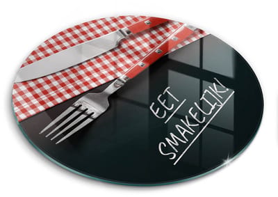 Wallfluent Glazen Snijplanken - Eet smakelijk! Snijplanken Glas - fi30 cm - Veelkleurig Snijplanken van Glas - Glazen Snijplank - Decoratieve Glazen Snijplank - Glazen Snijplank met Antislip