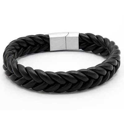 Victorious Gevlochten Leren Armband Heren – RVS Roestvrij Staal Sluiting – Zwart/Zilver – 21cm