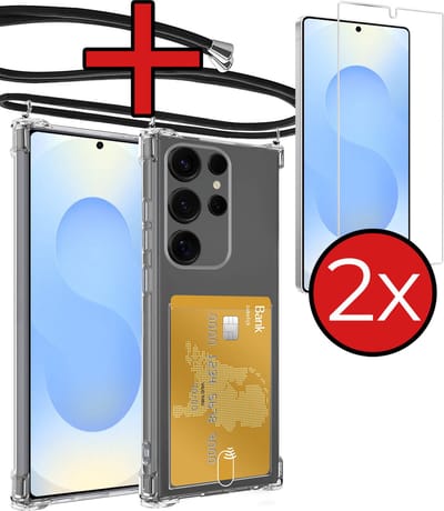 Hoesje Geschikt voor Samsung S25 Ultra Hoesje Met Telefoonkoord en Pasjeshouder Met 2x Screenprotector Siliconen - Hoes Geschikt voor Samsung Galaxy S25 Ultra Hoesje Met Kaarthouder Shock Proof Case - Transparant