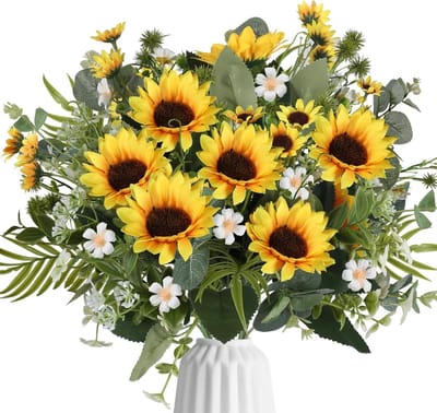 8 Bundels Zonnebloemen Boeket, Kunstbloemen voor Decoratie, Silk Bloemen voor Bruiloft, Verjaardag en Feestjes, Binnen- en Buitendecoratie